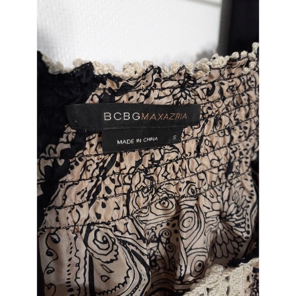 bcbg max azria top silk s black beige crochet paisley blouse shirt bcbgmaxazria - Picture 3 of 4